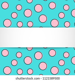 Pop art colorful confetti background. Big colored spots and circles on white background with black dots and ink lines. Banner with 3d paper plate in pop art style. Cute template for flyer, sale, ad