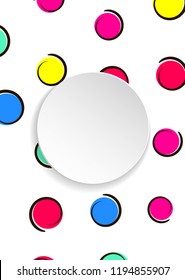 Pop art colorful confetti background. Big colored spots and circles on white background with black dots and ink lines. Banner with 3d paper plate in pop art style. Cute design for flyer, sale, ad