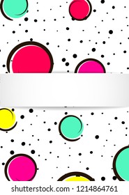 Pop art colorful confetti background. Big colored spots and circles on white background with black dots and ink lines. Banner with 3d paper plate in pop art style. Bright template for flyer, sale, ad