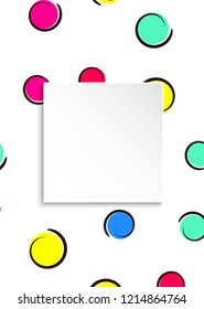 Pop art colorful confetti background. Big colored spots and circles on white background with black dots and ink lines. Banner with 3d paper plate in pop art style. Vibrant design for flyer, sale, ad