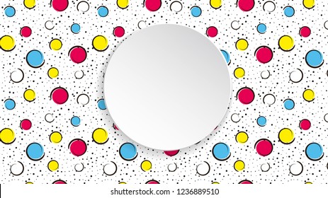 Pop Art Colorful Confetti Background. Big Colored Spots And Circles On White Background With Black Dots And Ink Lines. Banner With 3d Paper Plate In Pop Art Style. Bright Template For Flyer, Sale, Ad