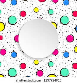 Pop art colorful confetti background. Big colored spots and circles on white background with black dots and ink lines. Banner with 3d paper plate in pop art style. Cute template for flyer, sale, ad