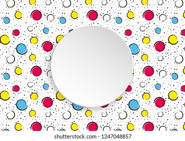 Pop art colorful confetti background. Big colored spots and circles on white background with black dots and ink lines. Banner with 3d paper plate in pop art style. Cute design for flyer, sale, ad