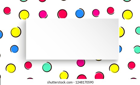 Pop art colorful confetti background. Big colored spots and circles on white background with black dots and ink lines. Banner with 3d paper plate in pop art style. Bright template for flyer, sale, ad