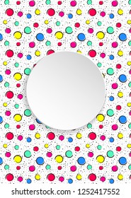 Pop art colorful confetti background. Big colored spots and circles on white background with black dots and ink lines. Banner with 3d paper plate in pop art style. Bright template for flyer, sale, ad