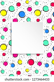 Pop art colorful confetti background. Big colored spots and circles on white background with black dots and ink lines. Banner with 3d paper plate in pop art style. Trendy design for flyer, sale, ad