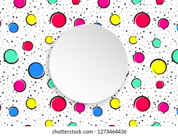 Pop art colorful confetti background. Big colored spots and circles on white background with black dots and ink lines. Banner with 3d paper plate in pop art style. Vibrant template for flyer, sale, ad