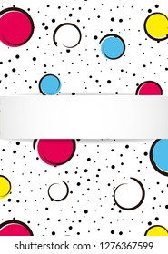 Pop art colorful confetti background. Big colored spots and circles on white background with black dots and ink lines. Banner with 3d paper plate in pop art style. Cute design for flyer, sale, ad