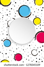 Pop art colorful confetti background. Big colored spots and circles on white background with black dots and ink lines. Banner with 3d paper plate in pop art style. Bright design for flyer, sale, ad