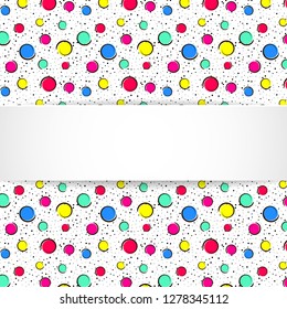 Pop art colorful confetti background. Big colored spots and circles on white background with black dots and ink lines. Banner with 3d paper plate in pop art style. Cute design for flyer, sale, ad