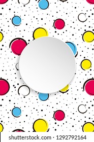 Pop art colorful confetti background. Big colored spots and circles on white background with black dots and ink lines. Banner with 3d paper plate in pop art style. Cute template for flyer, sale, ad