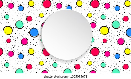 Pop art colorful confetti background. Big colored spots and circles on white background with black dots and ink lines. Banner with 3d paper plate in pop art style. Vibrant template for flyer, sale, ad