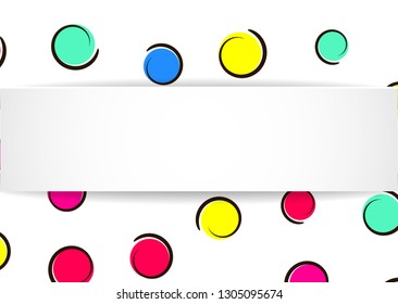 Pop art colorful confetti background. Big colored spots and circles on white background with black dots and ink lines. Banner with 3d paper plate in pop art style. Bright template for flyer, sale, ad