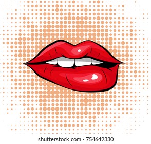 Pop art colorful design Biting her red lips