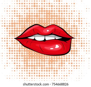 Pop art colorful design Biting her red lips