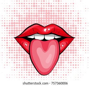 Pop art colorful design of red lips with tongue