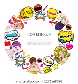 Pop art colorful elements round concept with surprised embarrassed screaming upset shocked women bright comic inscriptions speech bubbles girl accessories vector illustration