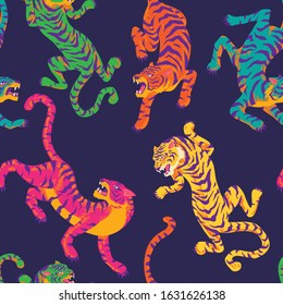 Pop Art and Colorful Tiger Seamless Pattern, Vector Backround