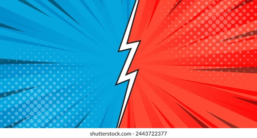 Pop art comic action background. Blue and red sunburst effect background with halftone. Suitable for templates, banners, events, ads, battles, contests, web, and pages