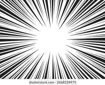 Pop art comic background. Black and white radial lines background in comic book. Manga speed frame. Vector illustration.