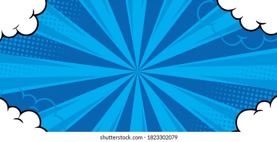 Pop art comic background with burst and cloud . Cartoon Vector Illustration on blue