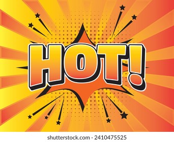 Pop art comic background. Cartoon comic background with fire icon. Editable text effect hot comic, Cartoon template. Trendy Colorful retro vintage background with dotted effect, colored Halftone.