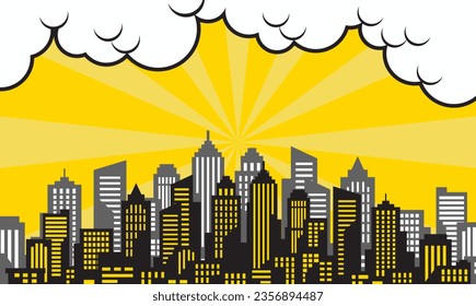 pop art comic background with city silhouette and cloud illustration. flat comic style background