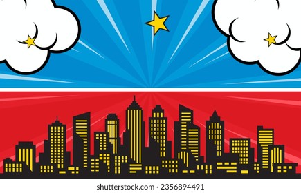 pop art comic background with city silhouette and cloud illustration. flat comic style background