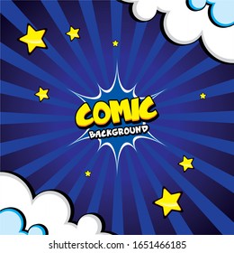 Pop art comic background with cloud and star, night scene. Cartoon Vector Illustration on blue