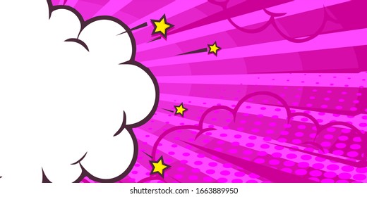 Pop art comic background with cloud and stars. Cartoon Vector Illustration on pink.