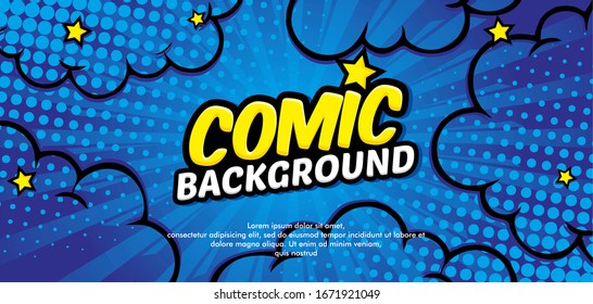 Pop art comic background with cloud and star. Cartoon Vector Illustration on blue