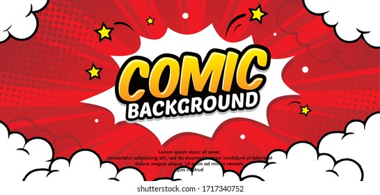 Pop art comic background with cloud and star. Cartoon Vector Illustration on red