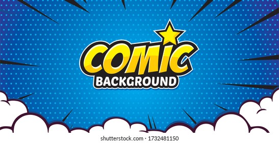 Pop art comic background with cloud and star. Cartoon Vector Illustration on blue