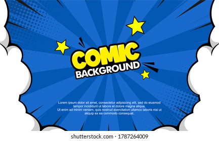 Pop art comic background with cloud and star. Cartoon Vector Illustration on blue