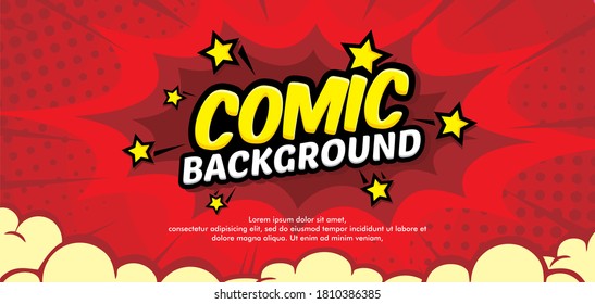 Pop art comic background with cloud and star. Cartoon Vector Illustration on RED