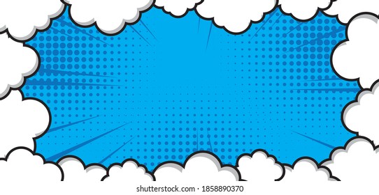 pop art comic background with cloud frame isolated on blue