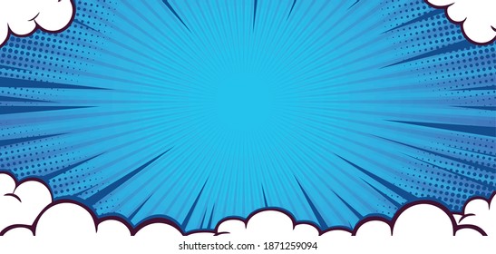 Pop Art Comic Background With Cloud. Cartoon Vector Illustration On Blue