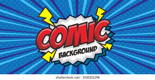 Pop art comic background with cloud and thunder flash. Cartoon Vector Illustration on blue