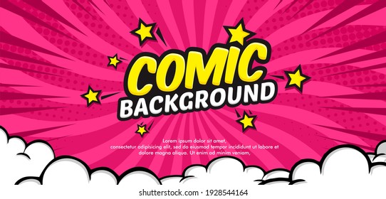 Pop art comic background with cloud and star. Cartoon Vector Illustration on pink