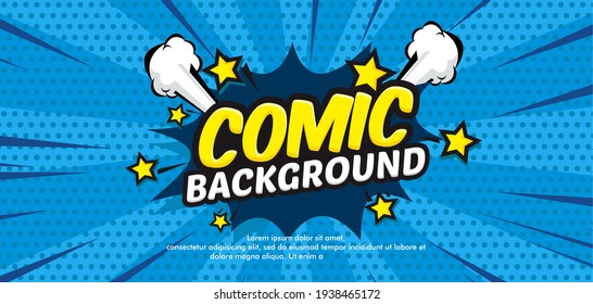 Pop art comic background with cloud and star. Cartoon Vector Illustration on blue