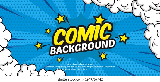 Pop art comic background with cloud and star. Cartoon Vector Illustration on blue