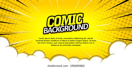 Pop art comic background with cloud and sunburst. Cartoon Vector Illustration on Yellow
