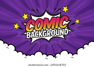Pop art comic background with cloud and star. Cartoon Vector Illustration on purple