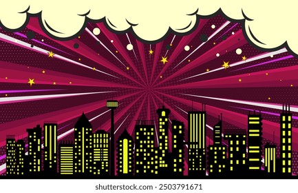 Pop art comic background with cloud and star. Cartoon Vector Illustration on Deep RED
