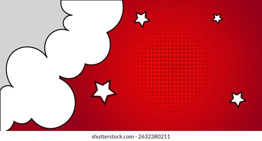 Pop art comic background with cloud and star. Cartoon Vector Illustration on RED