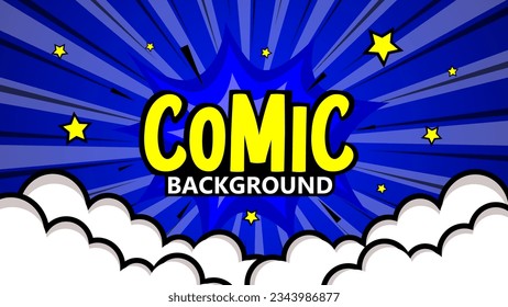 Pop art comic background with clouds and stars. Vector Cartoon