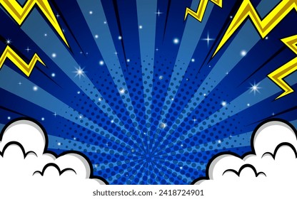 Pop Art Comic Hintergrund mit Wolken und Sternen. Cartoon-Vektorgrafik
