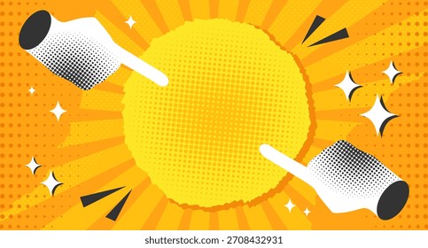Pop art comic background decorated with pointing hands. Retro style background with color halftone, dots and rays. Vector illustration