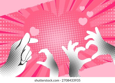 Pop art história em quadrinhos decorada com mãos mostrando gestos cardíacos. Plano de fundo de estilo retrô com meio-tom de cor, pontos e raios. Ilustração vetorial