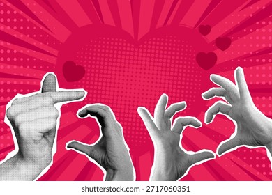 Pop art história em quadrinhos decorada com mãos mostrando gestos cardíacos. Plano de fundo de estilo retrô com meio-tom de cor, pontos e raios. Ilustração vetorial